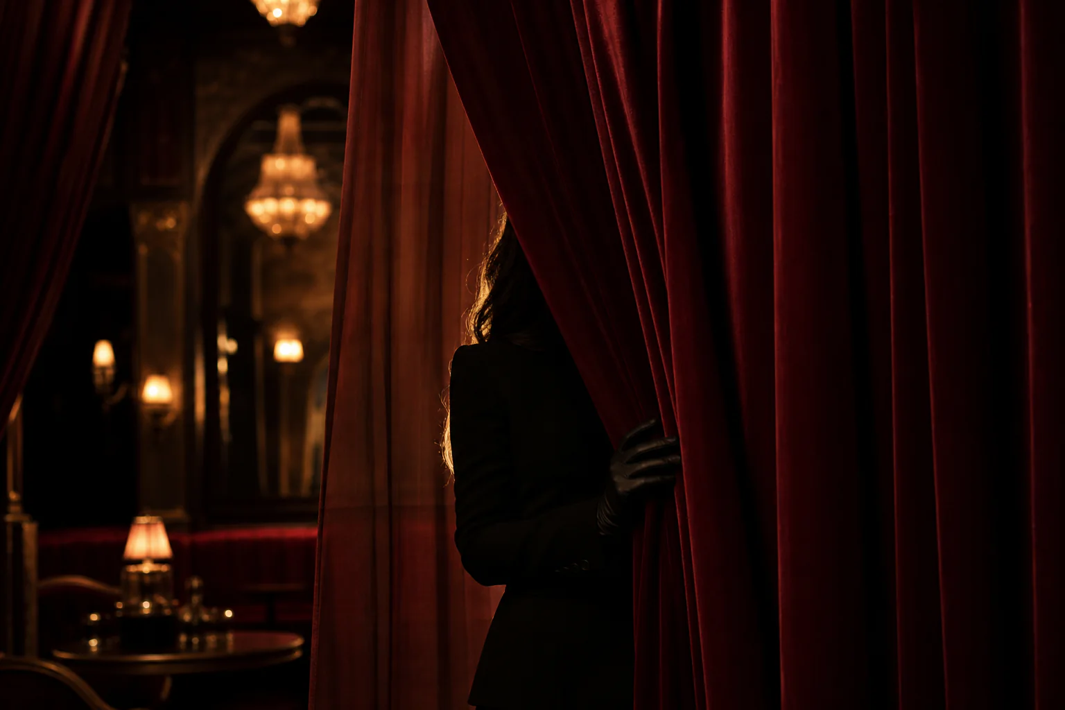 Anonymous silhouette behind deep-red velvet curtains