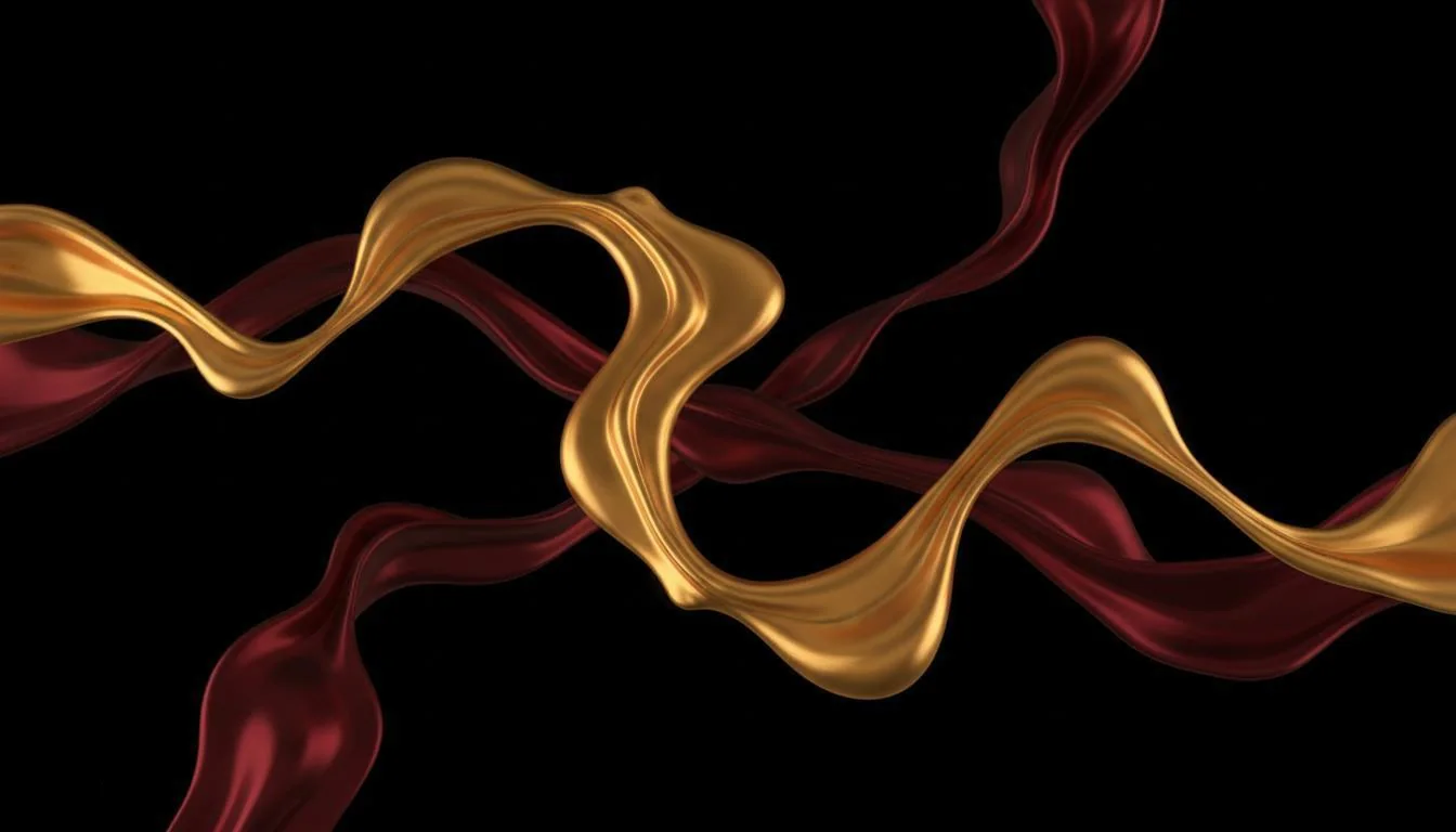 Abstract flowing gold and crimson shapes on dark background
