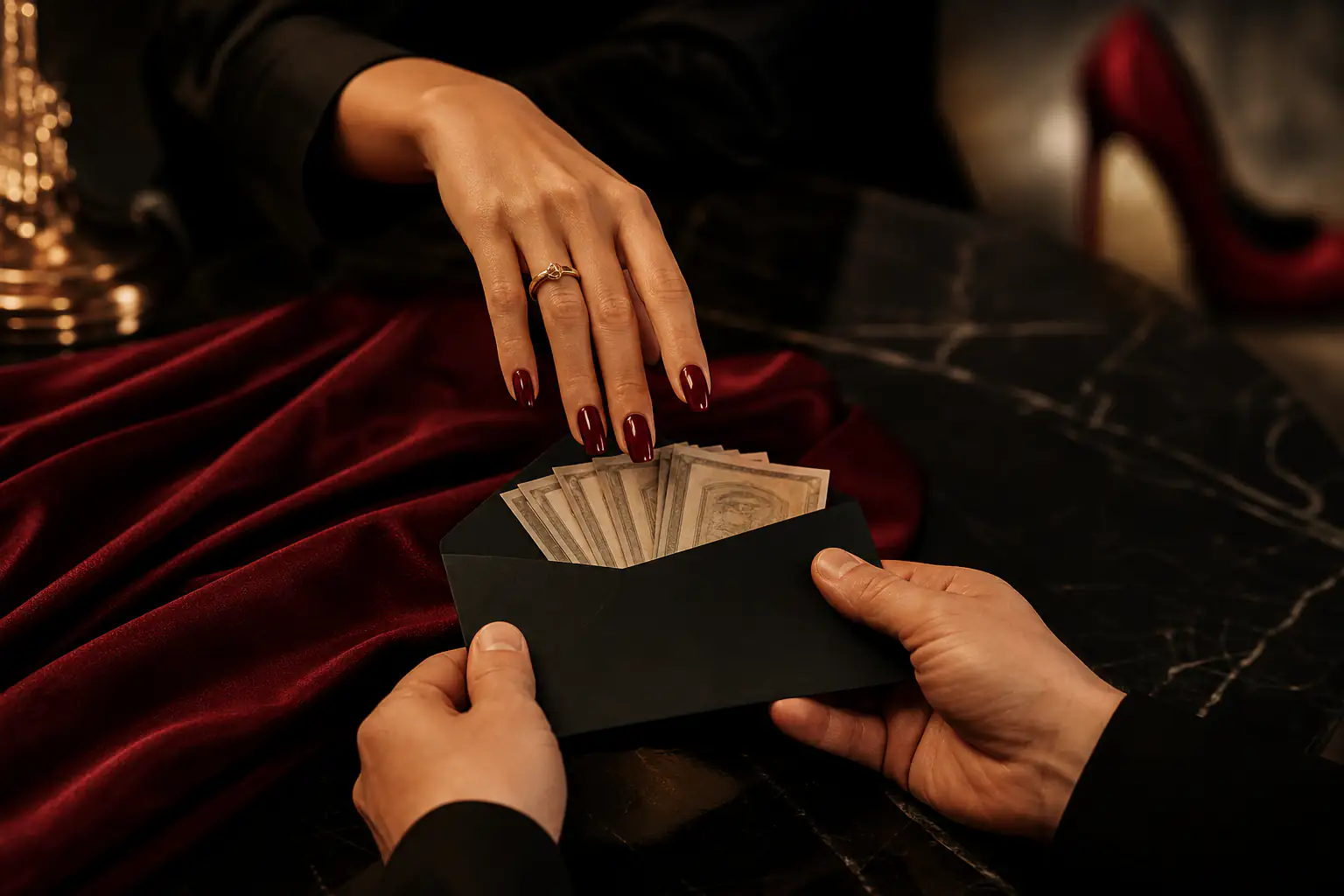 An agreed financial tribute exchanged across burgundy velvet