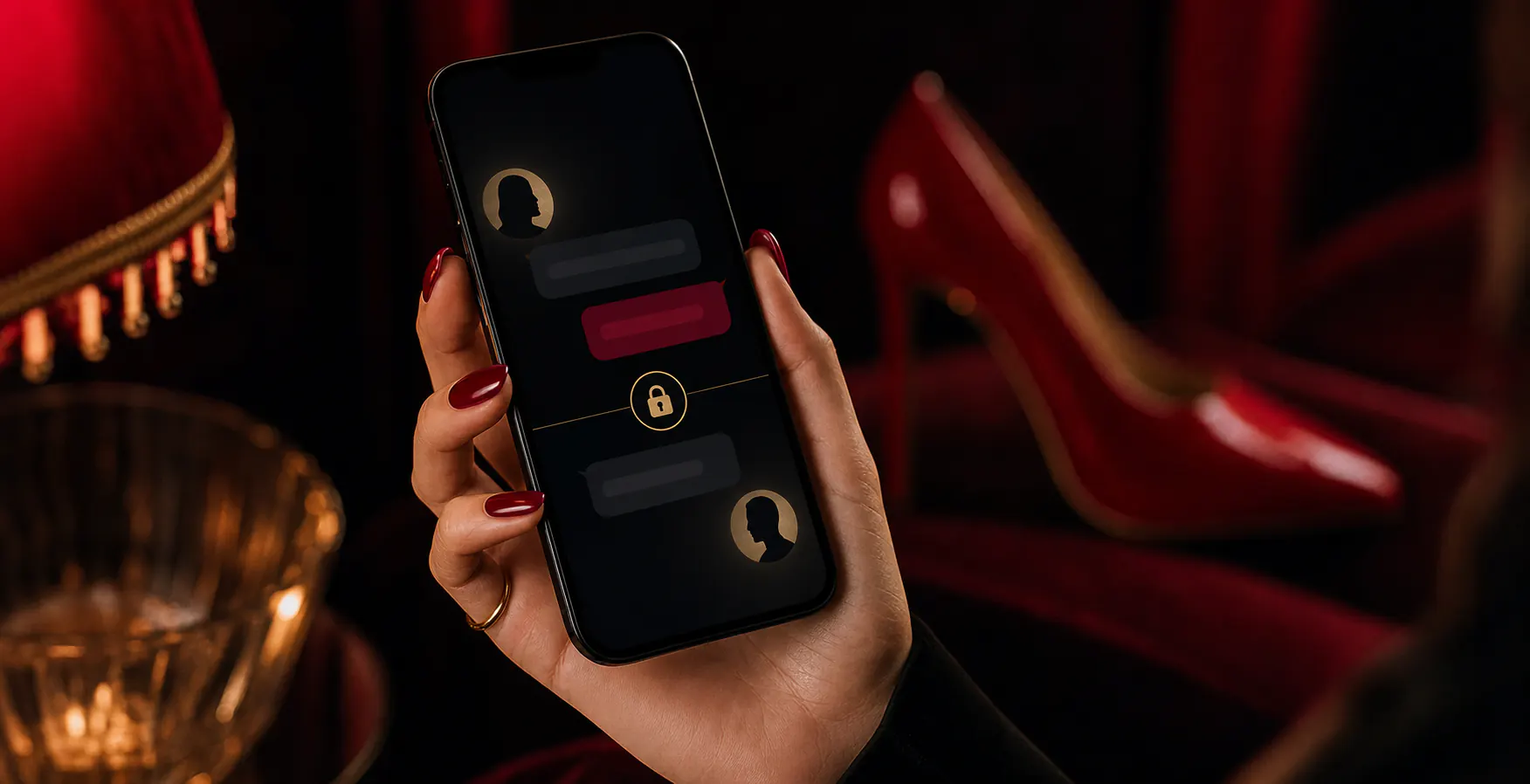Private anonymous chat displayed on a phone in a dark red lounge
