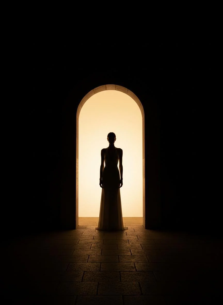 Elegant silhouette figure in doorway with golden light