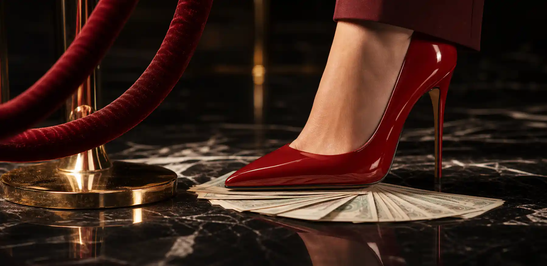 Red stiletto heel over currency beside a velvet rope