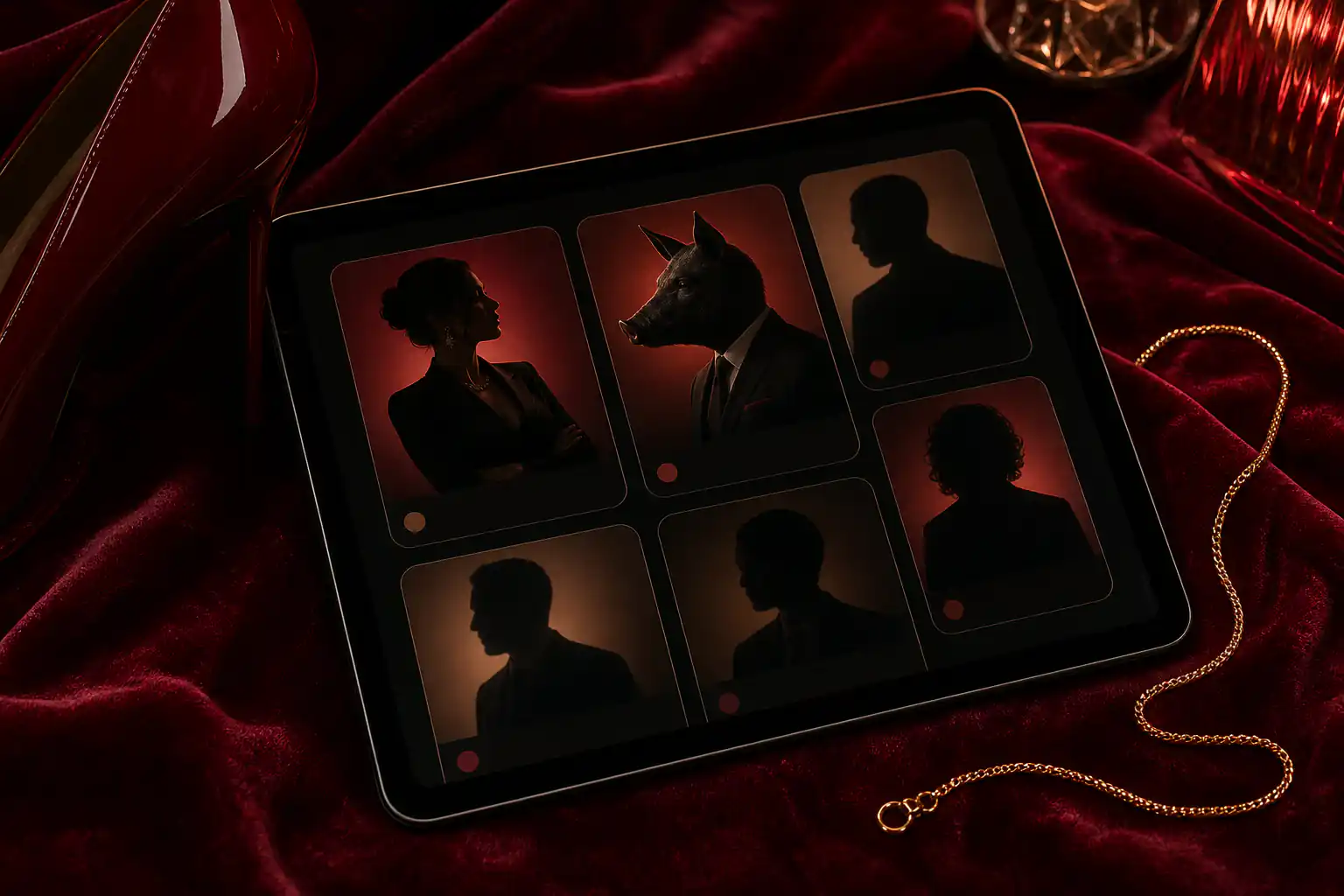 Anonymous community profiles displayed on a tablet over burgundy velvet