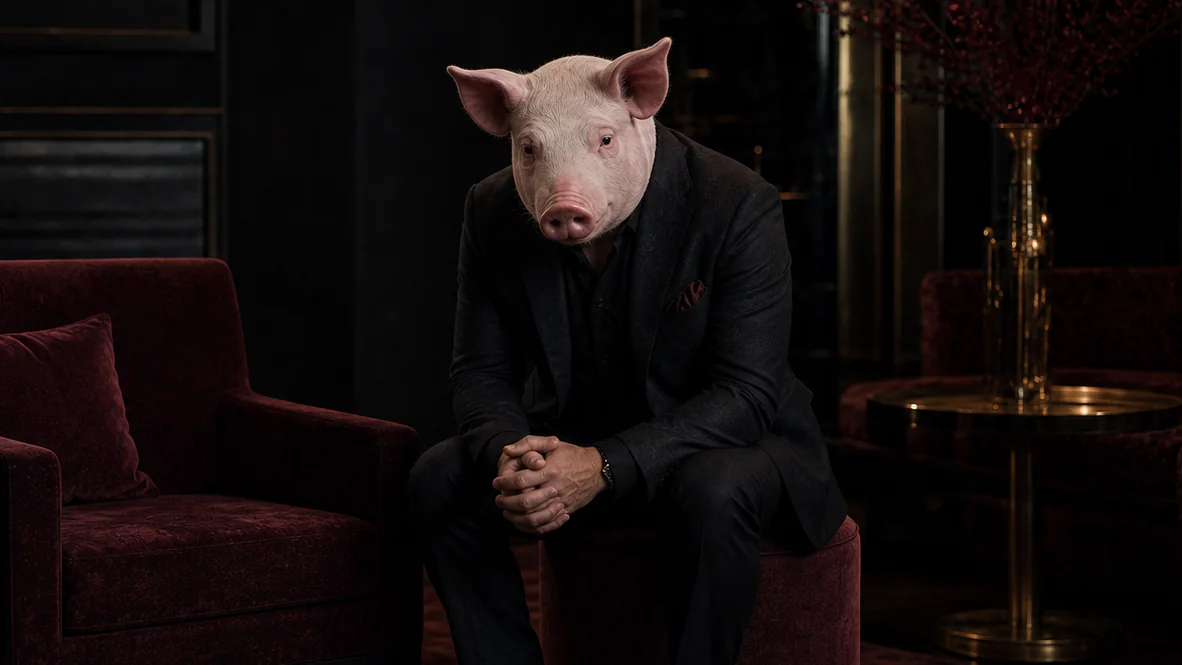 Thoughtful adult financial submissive in an elegant dark lounge