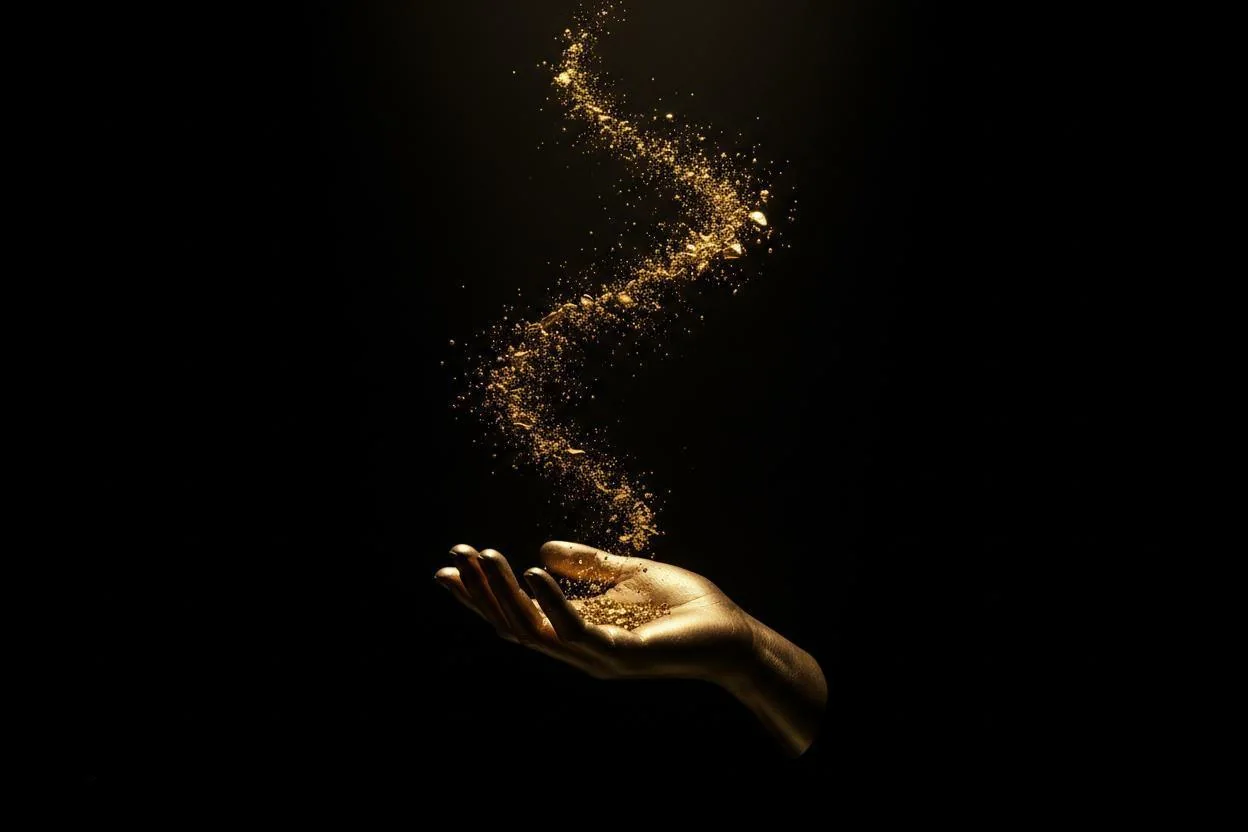 Open hand with rising gold particles representing tribute